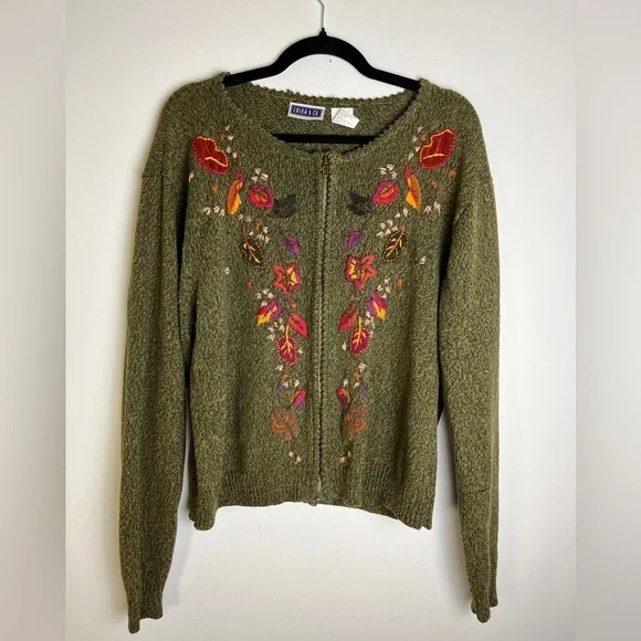 VTG Erika & Co Embroidered Cardigan Sweater XL Fall Leaves Cottage Grannycore - Picture 5 of 10
